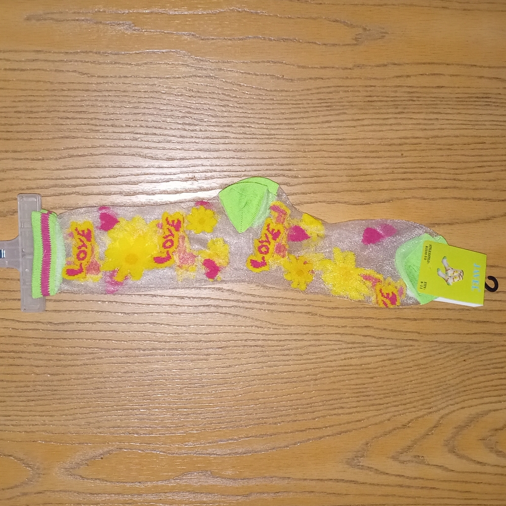 🆕 Sheer & Green/pink/yellow LOVE W/ 🌸 & 💗 STITCHED socks **SEE PICS**